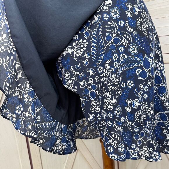 J. Crew Floral Faux Wrap Mini Skater Dress Blue Size 0 Ruffle Trim Short Sleeve - Picture 7 of 14